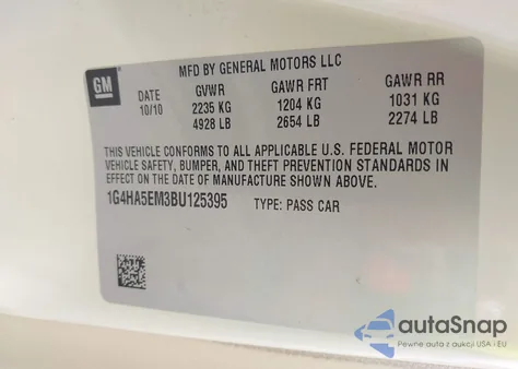 2011 Buick Lucerne Cx from USA, damaged, VIN 1G4HA5EM3BU125395